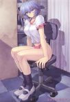 1girl blue_hair breasts buruma erect_nipples footwear gym_uniform mogudan neon_genesis_evangelion rei_ayanami scan short_hair socks solo