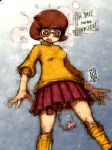 1girl brown_eyes brown_hair discreet_vibrator egg_vibrator english freckles glasses hanna-barbera j-e-m-g kneehighs orange_shirt pervert pleated_skirt profanity pussy_juice scooby-doo shirt short_hair signature skirt sleeves_pushed_up solo sweater thigh_strap turtleneck velma_dinkley vibrator vibrator_under_clothes