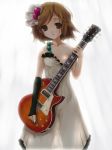  1girl breasts brown_eyes brown_hair don&#039;t_say_&quot;lazy&quot; don&#039;t_say_lazy dress dress_pull elbow_gloves female gloves guitar hirasawa_yui instrument k-on! kuku_px nipples plectrum see-through short_hair solo yui_hirasawa 