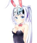  1girl animal_ears blue_eyes blush bow breasts bunny_ears bunnysuit cleavage detached_collar erect_nipples eucliwood_hellscythe hair_ribbon kore_wa_zombie_desu_ka? long_hair morerin ribbon silver_hair solo twin_tails twintails visor_(armor) 