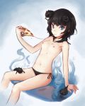 1girl bikini black_hair blue_eyes breasts cheese creature doomfest face flat_chest food nipples original petite pizza short_hair side-tie_bikini small_breasts swimsuit topless yami_shoujo