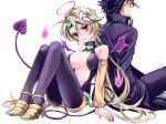 10ri 1boy 1girl bandage bandages blonde_hair breasts chain chains cleavage demon_girl demon_tail dio_brando genderswap ghost headband heart jojo's_bizarre_adventure jojo_no_kimyou_na_bouken jotaro_kujo kuujou_joutarou legwear_under_shorts long_hair pantyhose red_eyes scar shorts simple_background sitting stitches tail tears tori_(10ri) very_long_hair white_background wings