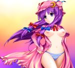 1girl blue_panties breasts crescent dress female hat high_res highres long_hair nipples no_bra open_clothes open_dress panties patchouli_knowledge purple_eyes purple_hair ribbon solo striped striped_panties touhou underwear yoshimo