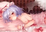 1girl bare_shoulders bat_wings blush checkered checkered_background chemise female flat_chest hat lying na_s nazuka_(mikkamisaki) nipples on_stomach purple_hair red_eyes remilia_scarlet short_hair small_breasts solo strap_slip touhou wings wrist_cuffs