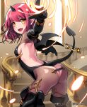 1girl ass black_gloves blush boots breasts character_request demon_girl demon_tail demon_wings elbow_gloves fangs flame gloves horn lena_(zoal) open_mouth pointing pointing_at_viewer red_hair shingeki_no_bahamut short_hair sideboob smile solo stairs tail thigh_boots thighhighs tricky_imp watermark window wings yellow_eyes