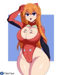 1girl asuka_langley_souryuu big_breasts blue_eyes clothing fake_face female_only light-skinned_female light_skin long_hair looking_at_viewer neon_genesis_evangelion open_mouth plugsuit red_hair solo_female twin_tails