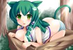 1girl all_fours animal_ears ass blush box breasts cat_ears cat_tail female girl_in_a_box green_eyes green_hair hair_ornament high_res highres in_box in_container kemonomimi_mode kochiya_sanae large_breasts no_bra no_pants open_clothes open_shirt panties sanae_kochiya shirt solo striped striped_panties tail touhou underwear yoshimo