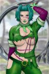  1girl alluring areola bandai_namco beauty_mark big_breasts breasts cleavage eyeshadow female_only green_hair holding_weapon human lipstick looking_at_viewer namco_bandai nipple_slip nipples partially_exposed_nipples project_soul purple_eyes rplatt seductive_look seductive_smile short_hair smile soul_calibur soul_calibur_iii tira torn_clothes under_boob weapon 