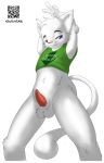  1boy bottomless bottomless_anthro bottomless_male cat cat_boy cat_ears cat_tail edis_krad furry gay male penis pose qr_code solo tail tank_top white_background white_body white_fur 