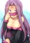 1girl armband bare_shoulders blindfold breasts cleavage detached_sleeves dress facial_mark fate/stay_night fate_(series) forehead_mark large_breasts long_hair marimo_danshaku outstretched_arm peeking_out purple_eyes purple_hair rider sitting stockings thighhighs very_long_hair