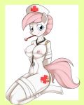 2012 anthro bandage bdsm blue_eyes blush bondage bound breasts cutie_mark equine female friendship_is_magic hair hat horse kloudmutt kloudmutt_(artist) looking_at_viewer medical my_little_pony navel nipples nude nurse nurse_hat nurse_redheart nurse_redheart_(mlp) pink_hair pony solo stethoscope thermometer