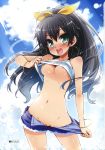 1girl belly black_hair blush breasts denim denim_shorts ganaha_hibiki green_eyes haga_yui hair hibiki_ganaha highres idolmaster invitation jewelry midriff navel no_panties open_mouth pinky_out pulled_by_self pussy shirt_lift shorts shorts_pull small_waist smile uncensored