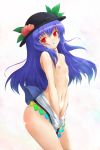  1girl blue_hair bottomless female flat_chest food fruit hat hinanawi_tenshi kuku_px long_hair nipples no_panties nude peach red_eyes ribbon small_breasts solo tenshi_hinanai topless touhou 