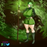  beige_skin big_breasts blue_eyes breasts commission erect_nipples female green_hair kokiri kokiri_spear niixnsfw nipples ocarina_of_time saria solo spear the_legend_of_zelda weapon 