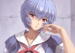 1girl blue_hair mogudan neon_genesis_evangelion red_eyes rei_ayanami ribbon school_uniform short_hair solo