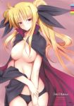  1girl absurdres black_panties blonde_hair breasts cape fate_testarossa hair highres long_hair lyrical_nanoha magical_girl mahou_shoujo_lyrical_nanoha mahou_shoujo_lyrical_nanoha_strikers mikazuki_akira mikazuki_akira! nearly_naked_cape nipples oppai panties ponytail red_eyes ribbon scan tri-moon! twintail underwear underwear_only 