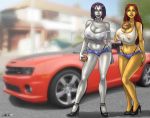  big_breasts black_hair breasts camaro car chevrolet cut_off_shorts dc_comics green_eyes high_heels navel olive_skin raven_(dc) red_hair see-through smile starfire teen_titans thong wet_shirt wilko 