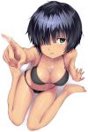 1girl arm_support barefoot big_breasts bikini black_hair breasts bust_cup cleavage drooling feet first_porn_of_character first_porn_of_franchise foreshortening from_above green_eyes hair_over_one_eye high_res highres large_breasts navel nazo_no_kanojo_x o-ring_top outstretched_hand pointing saliva shiny shiny_skin short_hair shouin sitting solo sun_tattoo swimsuit tan tan_line tanline urabe_mikoto wariza white_background