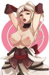 1girl adjusting_hair armpits arms_up asoka_(granado_espada) big_breasts blonde_hair breasts brown_eyes elbow_gloves fishnet_top fishnets gloves granado_espada headband high_res highres large_breasts long_hair nipples open_mouth penguin_caee solo