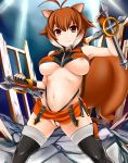 1girl animal_ears antenna_hair arc_system_works big_breasts black_legwear blazblue blazblue:_continuum_shift blush breasts brown_eyes brown_hair fingerless_gloves gloves high_res highres large_breasts looking_at_viewer makoto_nanaya midriff navel nipple_slip nipples orange_skirt revealing_clothes skirt smile solo squirrel_ears squirrel_tail stockings tail thighhighs uncensored underboob wardrobe_malfunction weapon yoshimo