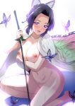  1girl :d alluring barefoot big_breasts black_hair breasts bug butterfly butterfly_hair_ornament clavicle cleavage feet gradient_hair hair_intakes hair_ornament haori high_resolution holding holding_sword holding_weapon insect katana kimetsu_no_yaiba kochou_shinobu multicolored_hair nipples nude one_knee onigirikun open_mouth purple_eyes purple_hair shiny shiny_hair shiny_skin short_hair simple_background smile sword wafuku weapon white_background 