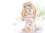 blonde_hair breasts covering covering_self dr_comet dr_comet_(artist) female furry hair looking_at_viewer nipples purple_eyes smile solo towel