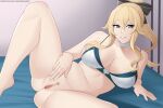  1girl alluring aslind_samure aslindsamure bare_legs big_breasts blonde_hair blue_eyes bow bra breasts choker cleavage collarbone female_focus female_masturbation female_only genshin_impact hair_ribbon hairbow jean_gunnhildr leaning_back leaning_on_hand legs_apart lingerie long_hair naked_from_the_waist_down on_back on_side ponytail pussy solo_female solo_focus tied_hair 