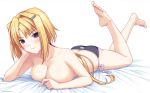 8:5 barefoot bed_sheet big_breasts blonde_hair blush breasts cleavage ellen_aice feet hair_intakes hair_ornament hairpin hand_on_own_cheek high_res legs_up long_hair lying muv-luv muvluv muvluv_alternative official_art on_stomach panties ponytail purple_eyes sayori side-tie_panties smile swimsuit toes topless underwear underwear_only wallpaper