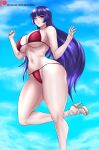 1girl alluring big_breasts bikini blue_hair blush breasts eye_contact fingernails gym_leader looking_at_viewer nexus-sig nintendo pokemon pokemon_rgby red_eyes sabrina sabrina_(pokemon) standing thick_thighs toenails wide_hips