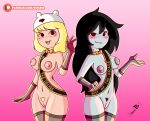 2_girls adventure_time almost_nude armwear bare_breasts bare_shoulders black_hair black_pubic_hair blonde blonde_hair blonde_pubic_hair blush breasts cartoon_network fangs female grin hat human legwear long_hair marceline marceline_abadeer mature_female mature_woman milf minerva_campbell nude pubic_hair short_hair smiling_at_viewer stockings topknot vampire