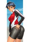 1girl ass ass_grab athlete bang-you bike_shorts black_hair blush brown_eyes cum cum_on_clothes dark_skin embarrassed erect_nipples looking_back olive_skin original pussy_juice short_hair solo sweat tan tears tomboy track_jacket