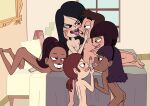  1boy 5girls andrea_(svtfoe) bedroom black_hair blue_eyes blush brittney_wong brown_eyes brown_hair chantelle cheerleader completely_nude completely_nude_female completely_nude_male green_eyes harem licking licking_chest licking_penis marco_diaz megan_gandlym nude sabrina_backintosh sixsome star_vs_the_forces_of_evil tongue 