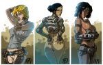  3_girls 3girls alicia_valera anya_stroud armor ass bandaid blonde_hair breasts dark_skin ganassa gears_of_war headband looking_at_viewer midriff multiple_girls pubic_hair pussy samantha_byrne scar short_hair topless uncensored weapon 