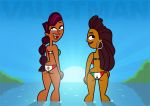 anne_maria_(tdi) beach bikini black_eyes cartoon_network dark-skinned_female dark_skin ear_piercing earrings hourglass_figure jewelry lipstick long_hair looking_back mexico ocean piercings ponytail print_bikini purple_hair sierra_(tdi) smile tan thick_ass thick_thighs total_drama_island water