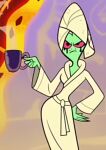  1girl angry coffee_mug edit green_skin hand_on_hip lord_dominator red_eyes robe towel_on_head wander_over_yonder 