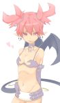 1girl :p bad_id bare_shoulders bat_wings belly bikini_top collar demon_girl disgaea earrings elbow_gloves etna flat_chest gloves hair heart highres jewelry looking_at_viewer microskirt midriff navel pink_eyes pink_hair pointy_ears short_hair skirt small_breasts solo tail tongue tongue_out tsunotsuki_(uguisu_maccha) twin_tails twintails white_background wings