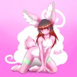  2012 blush breasts cute female hair lagomorph long_hair looking_at_viewer mn_xenx mn_xenx_(artist) mnxenx001 nipples nude pink_fur rabbit red_hair solo 