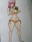 1girl 2021 ass bikini breasts dead_or_alive eating hamburger hips honoka honoka_(doa) huge_ass huge_breasts inkrait_(artist) looking_at_viewer navel thick_thighs thighs wide_hips