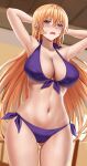 1girl alluring armpits arms_behind_back big_breasts bikini blonde_hair blush breasts cameltoe cleavage front-tie_bikini front-tie_top legs nakiri_erina open_mouth piukute062 pose purple_bikini purple_eyes shokugeki_no_souma swimsuit thighs