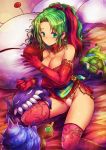  1girl :o bare_shoulders big_breasts blush breasts character_doll choker cleavage earrings elbow_gloves final_fantasy final_fantasy_vi gloves green_eyes green_hair hair_ribbon humbaba jewelry kara_(color) large_breasts long_hair looking_at_viewer lying monster moogle on_back orthros panties pillow pink_panties ponytail ribbon shiny shiny_skin skindentation solo stockings tentacle terra_branford thighhighs tina_branford underwear ymir 