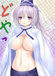  1girl asamura_hiori belly big_breasts breasts female hair hat headgear highres japanese_clothes large_breasts long_hair midriff mononobe_no_futo navel no_bra ponytail silver_eyes silver_hair smirk solo tate_eboshi touhou 