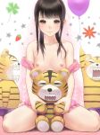  1girl aoten balloon bare_shoulders black_hair blush breasts brown_eyes dress_pull nipples nude original plushophilia sitting smile solo stuffed_animal stuffed_toy tiger topless wariza 