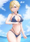 1girl 1girl :d absurd_res alluring bangs bare_arms bare_shoulders big_breasts black_bow blonde_hair blue_choker blue_eyes blue_sky blue_swimsuit bow breasts choker cleavage clenched_hand cloud collarbone commentary_request day genshin_impact hair_between_eyes hair_bow halterneck high_res jean_(genshin_impact) jean_gunnhildr light_blush long_hair looking_at_viewer multiple_straps navel obanana_(ahap7438) ocean open_mouth outside ponytail sidelocks sky smile swimsuit water