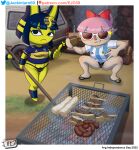 animal_crossing animal_crossing_boy ankha anthro blue_hair cat catgirl digital_media_(artwork) egyptian fanart furry glasses grill human jackintaro looking_at_viewer meme nintendo pink_hair ponytail ribbon soccer_uniform thumbs_up villager_(animal_crossing) yellow_body yellow_fur