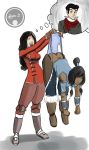 2_girls asami_sato ass ass_crack avatar:_the_last_airbender black_hair blue_eyes blue_panties boots brown_hair closed_eyes dark-skinned_female embarrassing female/female female_only funny gloves korra long_hair looking_back mako panties ponytail prank short_hair smile the_legend_of_korra the_legend_of_korra* wedgie yellow_eyes