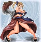  1041_(toshikazu) 1girl alluring big_breasts blonde_hair breasts cleavage green_eyes japanese_clothes katana legs long_legs panties pantyshot ponytail project_soul sandals setsuka sheath sideboob soul_calibur soul_calibur_iii soul_calibur_vi sword thick_thighs thighs underwear unsheathing weapon 