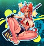  1girl background big_breasts boots bra golden_eyes long_legs looking_at_viewer ponytail red_hair red_toenails reiq seductive stirrup_legwear tagme tengen_toppa_gurren-lagann toe_ring_legwear yoko_littner 