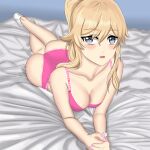 1girl alluring artist_request ass bare_shoulders bed big_breasts blonde_hair blush bow bra breasts cleavage genshin_impact grey_eyes hair_bow high_res jean_(genshin_impact) jean_gunnhildr long_hair looking_at_viewer lying on_stomach panties pink_bra pink_panties shiny shiny_hair shiny_skin smile underwear