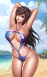 1girl abs alluring arched_back armpits arms_behind_head arms_up bangs beach big_breasts bikini blizzard_entertainment breasts brown_eyes brown_hair brunette cleavage cloud collarbone d.va d.va_(overwatch) detailed_background female_abs flowerxl hair_between_eyes hands_behind_head hips huge_breasts long_hair looking_at_viewer midriff one-piece_swimsuit overwatch sand shiny sky small_waist tanned thick thick_thighs thigh_gap thighs waist water wide_hips