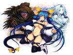 1girl :o arc_system_works bare_shoulders big_breasts blue_hair boots bow breasts cleavage dizzy guilty_gear hair_bow kara_(color) large_breasts long_hair navel necro necro_(guilty_gear) open_mouth red_eyes stockings tail thighhighs undine undine_(guilty_gear) very_long_hair